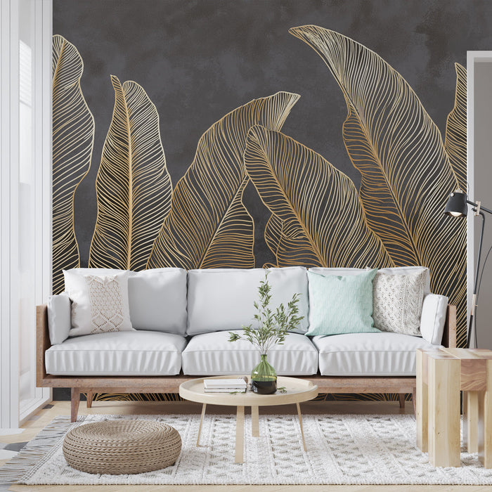 Fototapet gylne løv | Stiliserte gullblader på grå bakgrunn