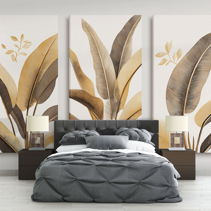 Papel pintado feuillage doré | Feuilles stylisées en tonalités dorées et brunes