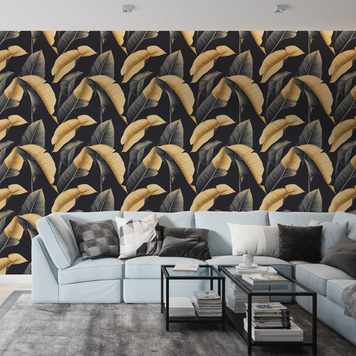 Foto Behang gouden bladeren | Gestileerde bladeren op een donkere achtergrond