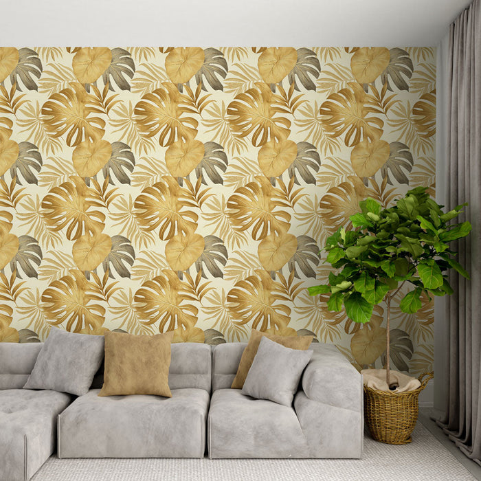 Tapete златни листа | Тропически листа в златни и сиви тонове