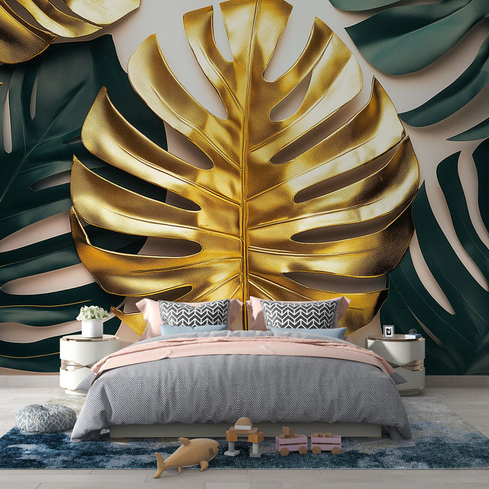 Mural Wallpaper golden foliage | Tropical leaves and metallic shine