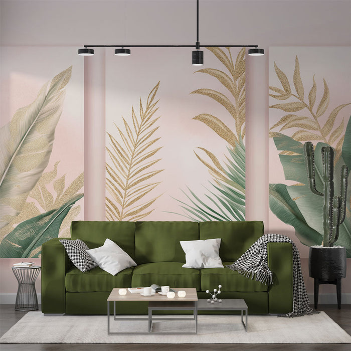 Fénykép Tapéta aranyozott levelek | Trópusi levelek rózsaszín háttéren