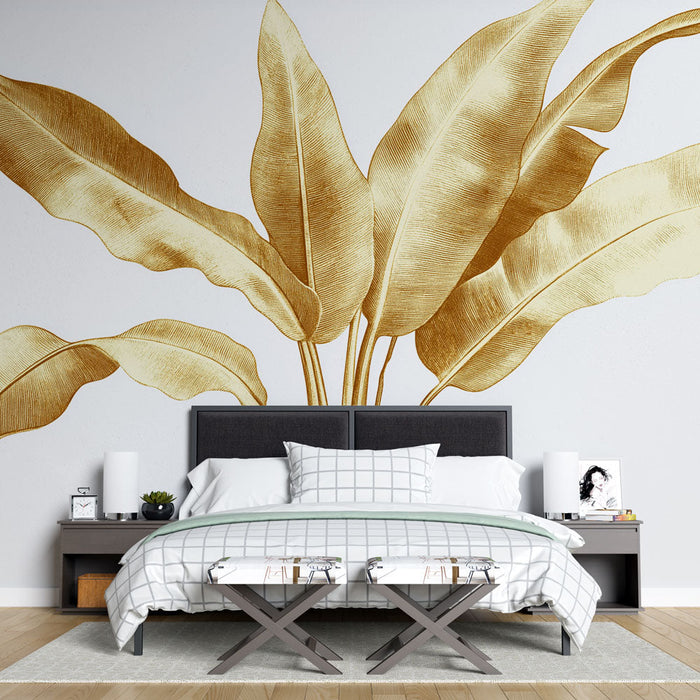 Golden foliage mural wallpaper | Large elegant leaves and refined texture