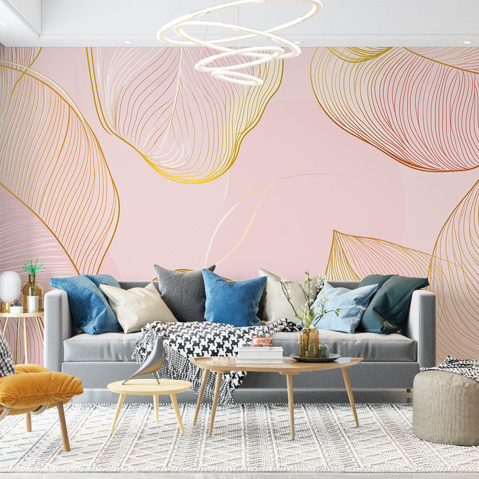 Golden foliage Mural Wallpaper | Delicate lines on a pink background