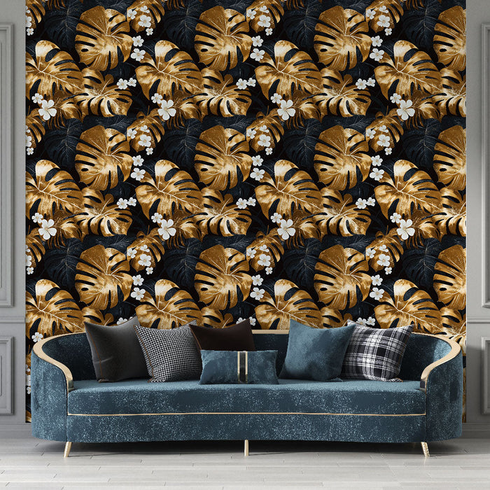 Fototapeet kuldsete lehtedega | Kuldsete ja valgete lehtede muster mustal taustal