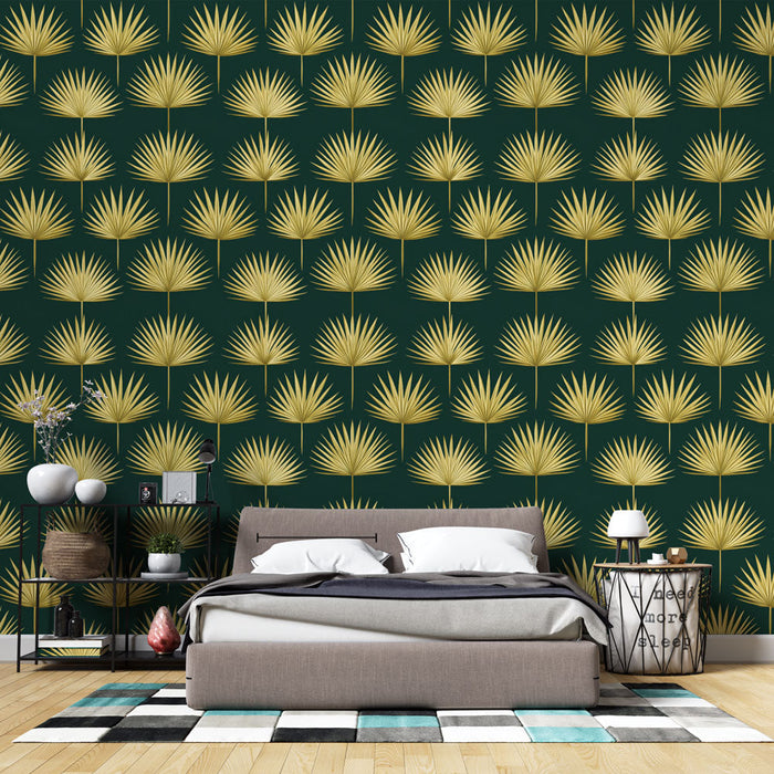 Mural Wallpaper golden foliage | Stylized palm tree motif on deep green background