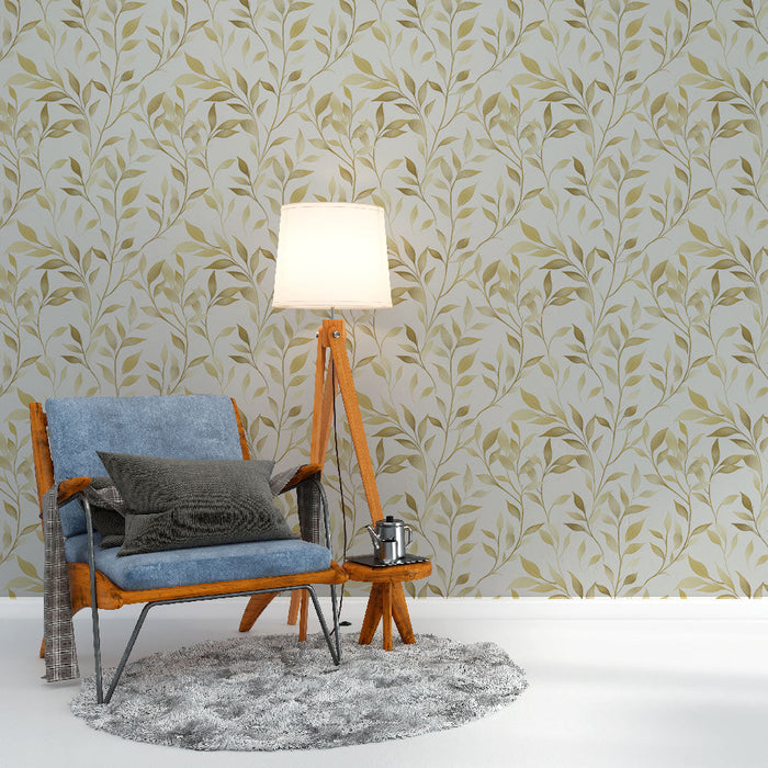 Mural Wallpaper golden foliage | Delicate pattern of golden leaves on a light background