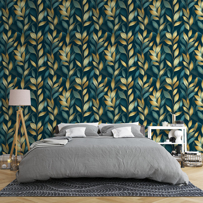 Fototapet gull løvverk | Elegant mønster av gullblader på en blågrønn bakgrunn