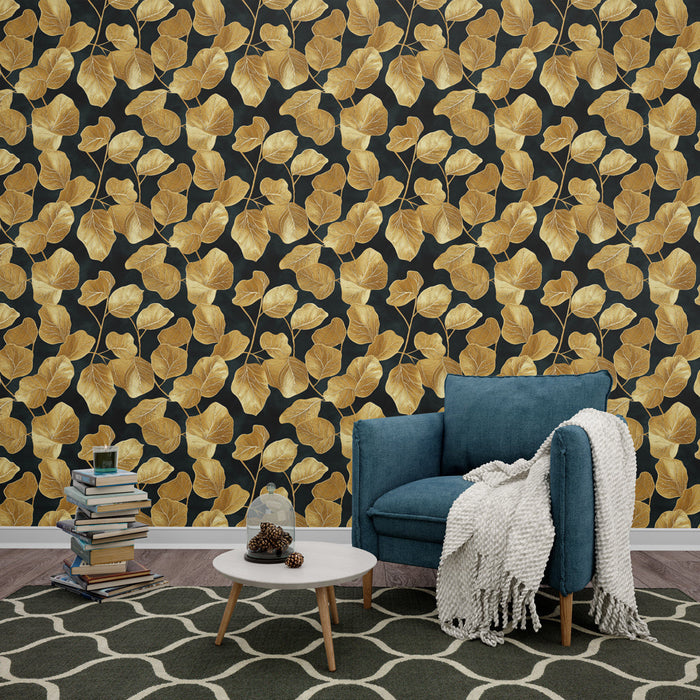 Tapeta złote liście | Elegancki wzór złotych liści na czarnym tle