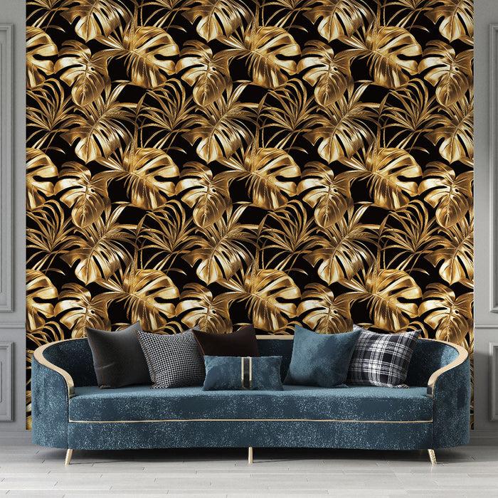Fototapet gyldne løv | Frodig mønster af gyldne blade på en sort baggrund