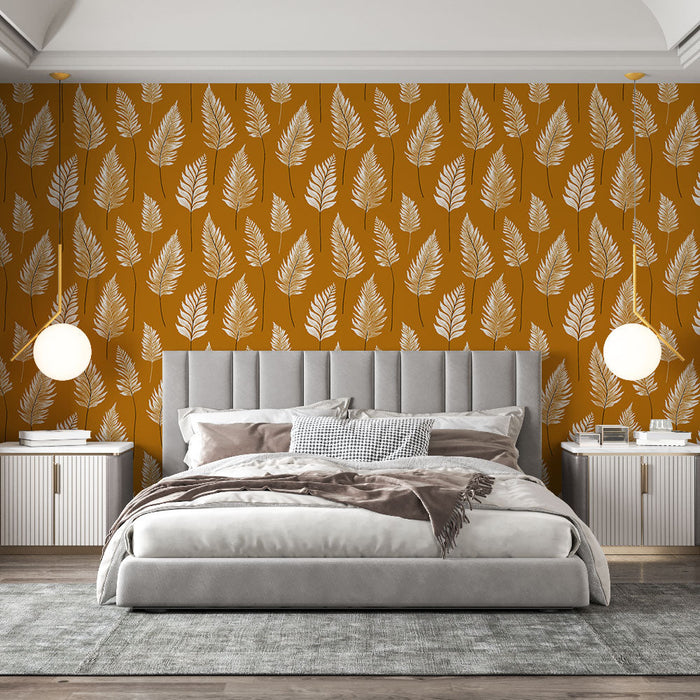 Mural Wallpaper golden foliage | White leaf patterns on an orange background