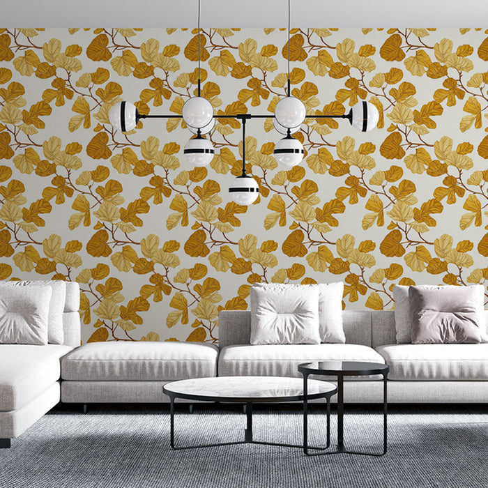 Fototapet gyldent løv | Bladmønstre i varme toner på en cremefarvet baggrund