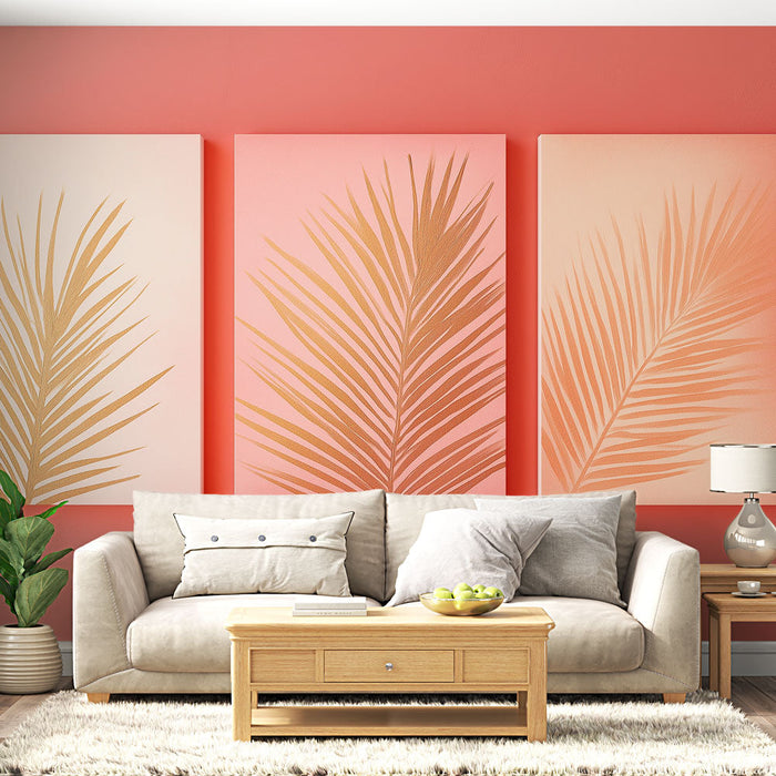 Fototapet gyldent løv | Eksotiske bladmønstre på en pastelfarvet baggrund