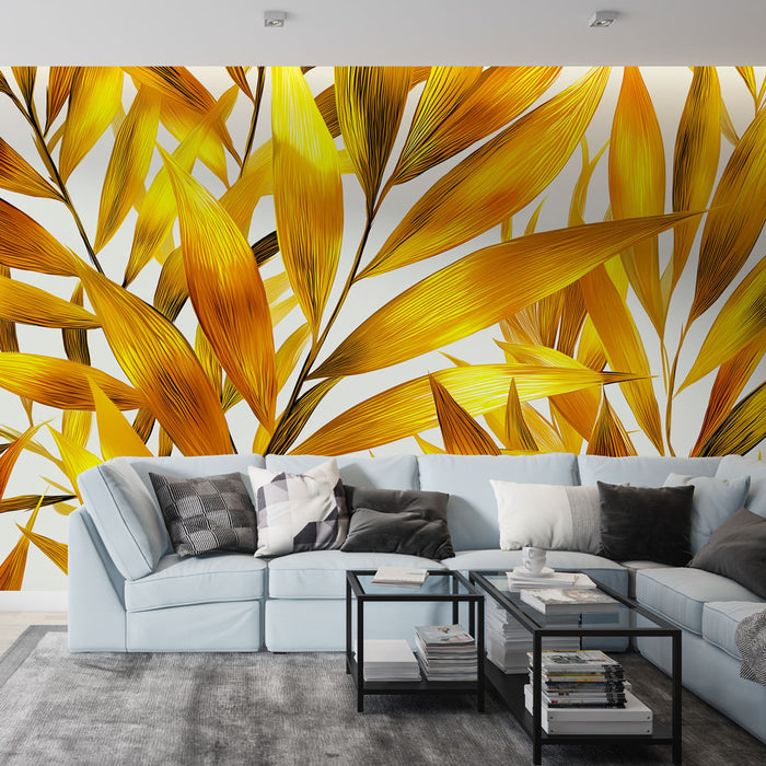 Tapetti kultaisilla lehtikuvioilla | Kirkkaat lehtikuviot kultaisissa sävyissä