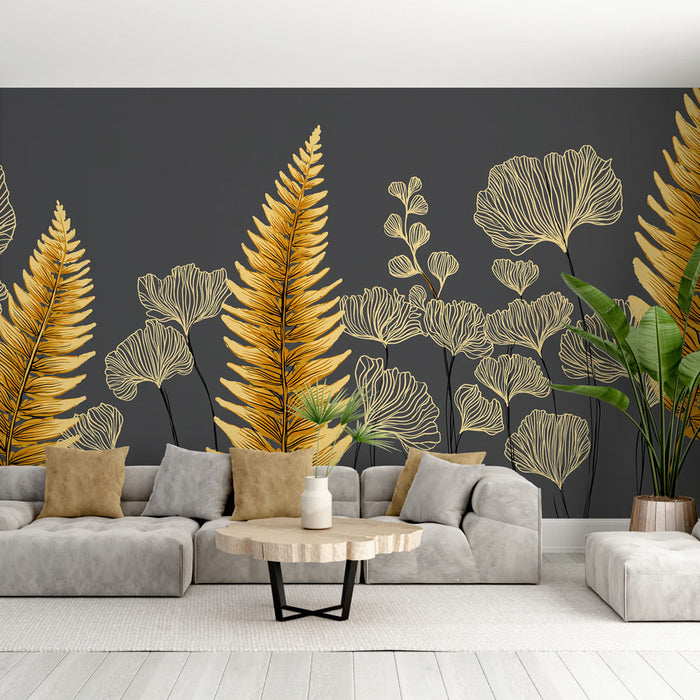 Fototapet gyllene lövverk | Mönster av ormbunkar och delikata blad på en grå bakgrund