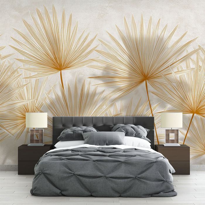 Mural Wallpaper golden foliage | Stylized palm tree motifs on a neutral background