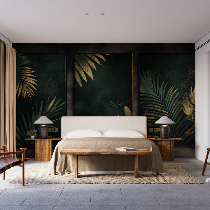 Tapet cu frunziș auriu | Modele de palmier pe un fundal închis