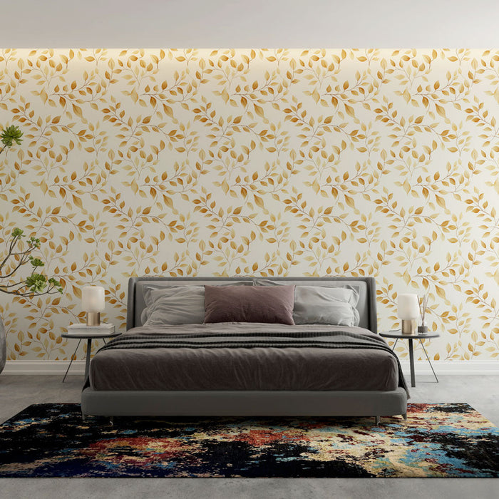Mural Wallpaper golden foliage | Delicate leaf patterns on a cream background