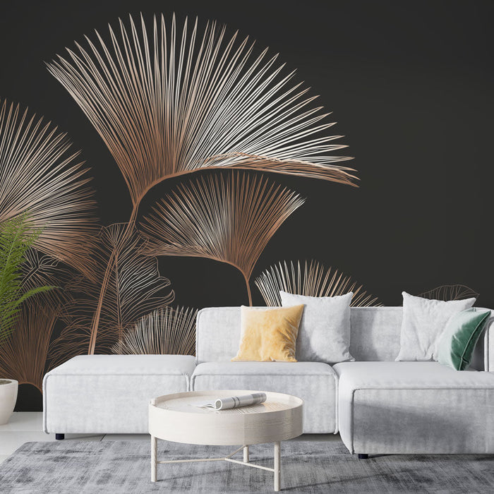 Tapete με χρυσά φύλλα | Κομψά μοτίβα στιλιζαρισμένων φύλλων σε μαύρο φόντο