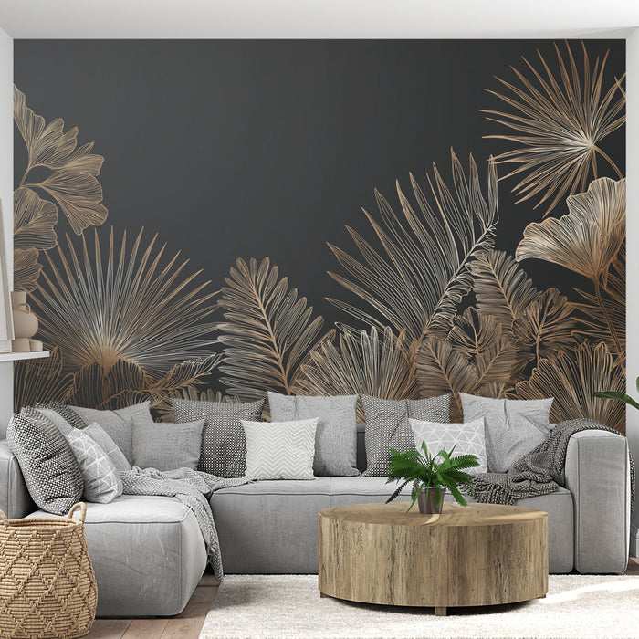 Papel de parede folhagem dourada | Padrões elegantes de folhas em um fundo escuro