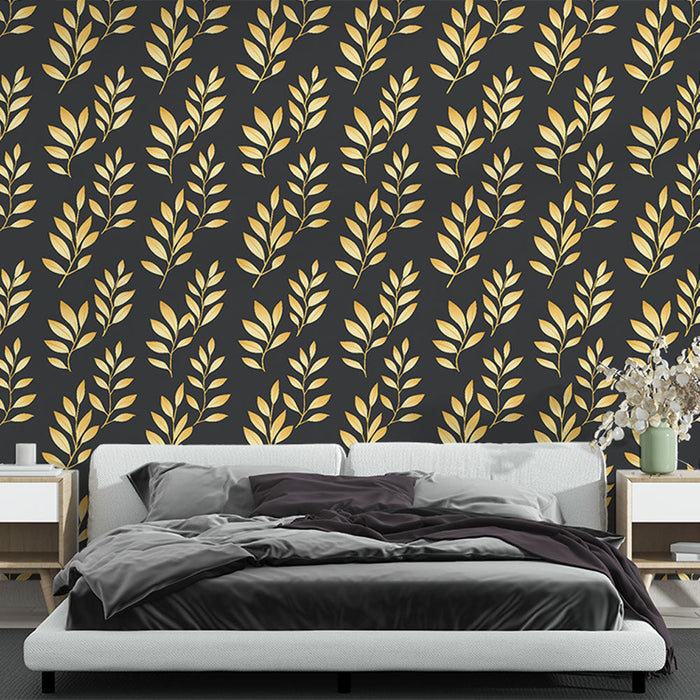 Tapeta zlaté listí | Elegantní černé pozadí s květinovými motivy