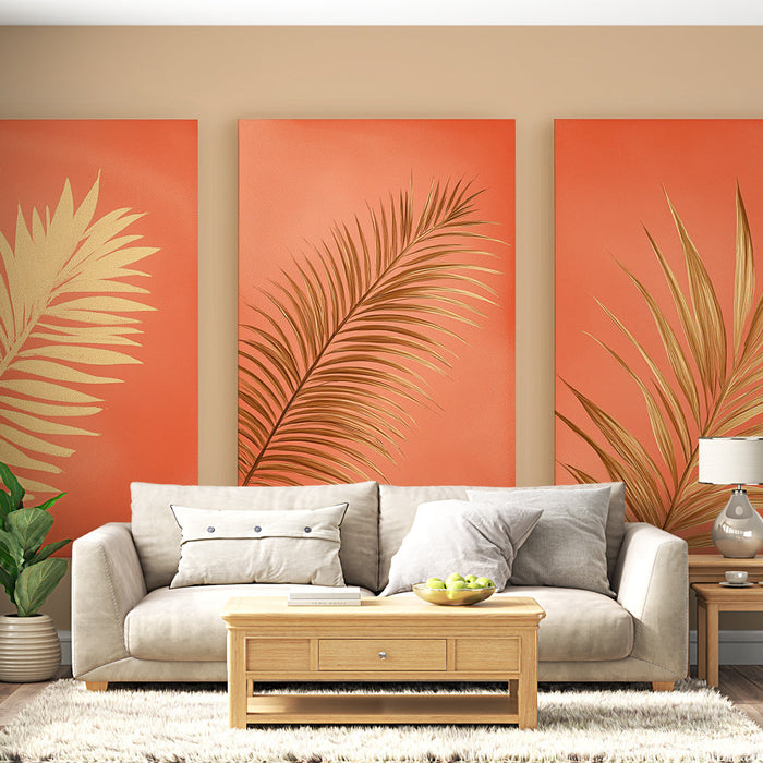 Tapet cu frunziș auriu | Frunze de palmier elegante pe un fundal de coral