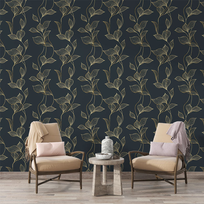 Fototapet gyldne løv på mørkeblå baggrund | Botanisk elegance og modernitet