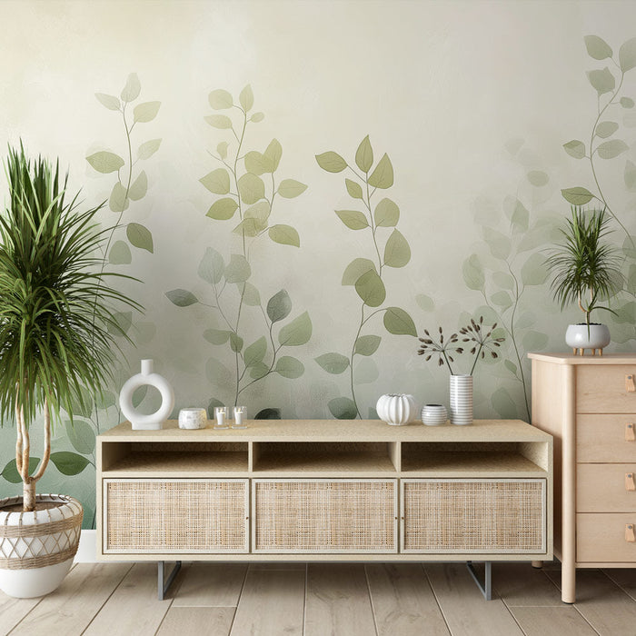 Carta da parati fogliame morbido | Ramo di foglie verdi su sfondo sfumato