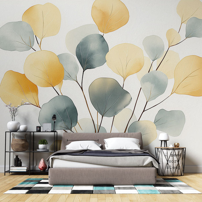 Tapeta jemné listí | Modré a žluté listy na světlém pozadí