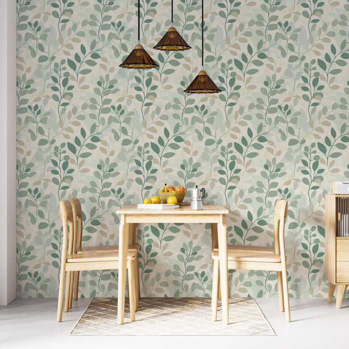Carta da parati fogliame morbido | Motivo delicato di rami verdi e foglie
