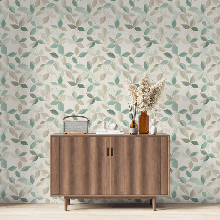 Mural Wallpaper soft foliage | A delicate pattern of leaves in shades of green and beige