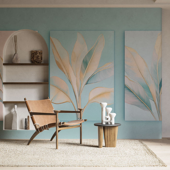 Tapeta elegantní listí | Jemné listy v pastelových odstínech a zlatých akcentech