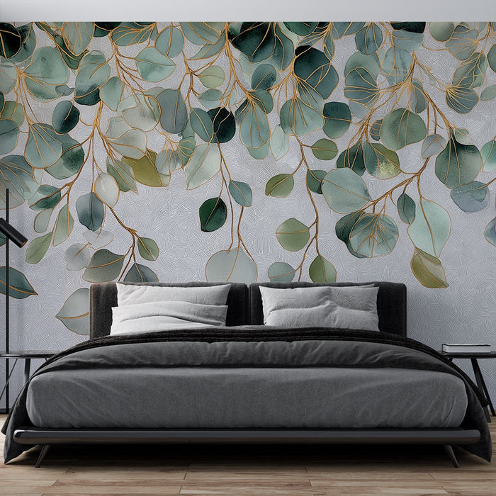 Tapeta elegantní listí | Jemné listy v zelených a zlatých odstínech
