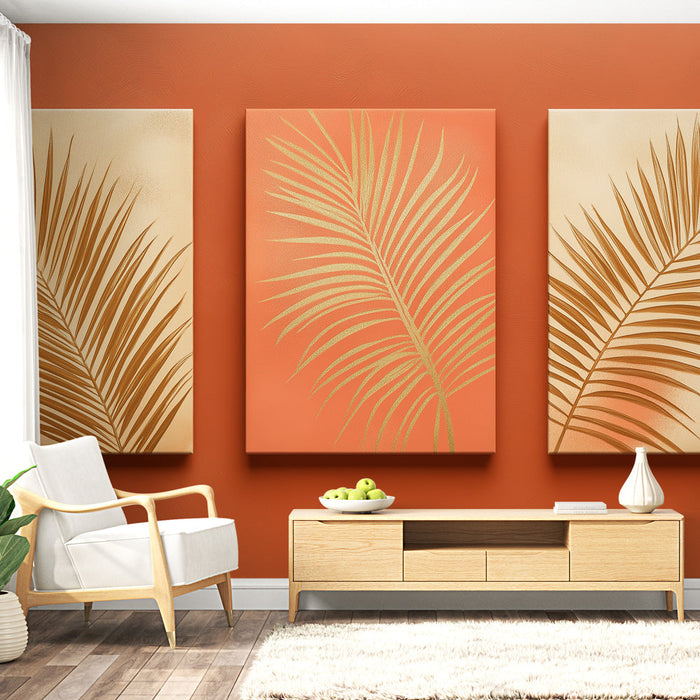 Fényes levelekkel díszített tapéta elegáns lombkoronával | Arany levelek korall háttéren