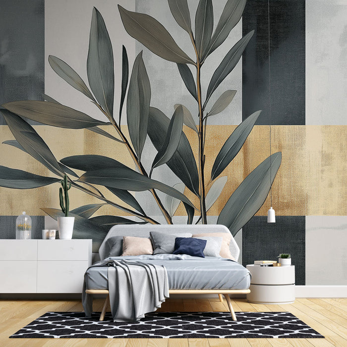 Elegant Mural Wallpaper | Harmaat lehdet ja kultainen tausta