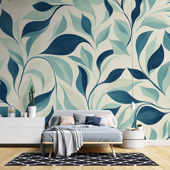 Tapet frunziș elegant | Frunze stilizate în nuanțe de albastru pe un fundal deschis