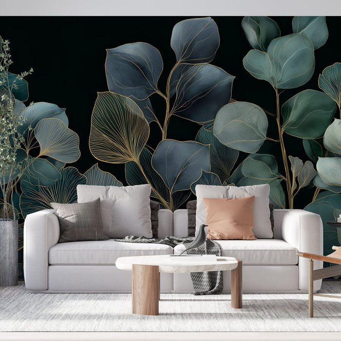 Tapete στοιχεία ευφυής φύλλων | Λεπτά κλαδιά και φύλλα σε αποχρώσεις του μπλε