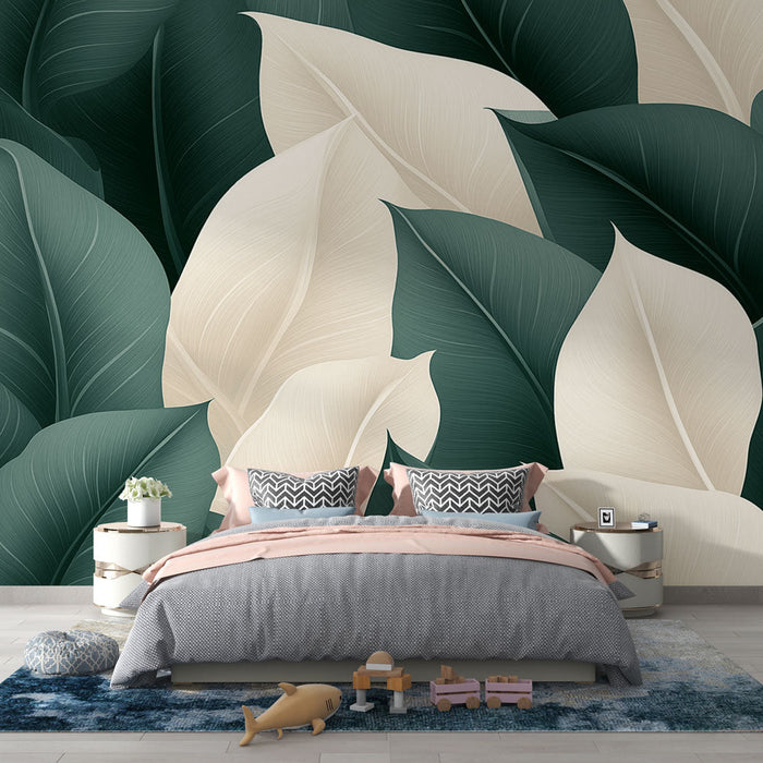 Mural Wallpaper elegant foliage | Pattern of large green and cream leaves