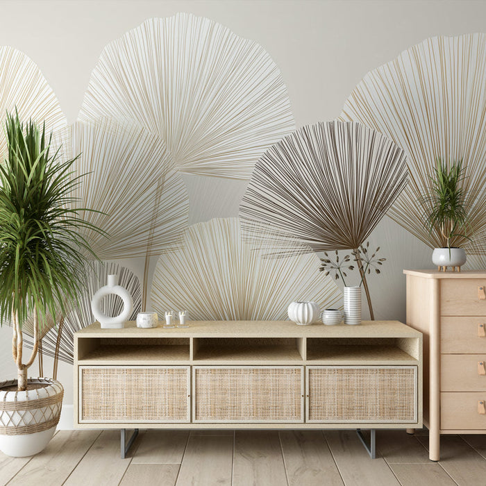 Papel pintado elegante follaje | Patrones estilizados de hojas en dorado y beige