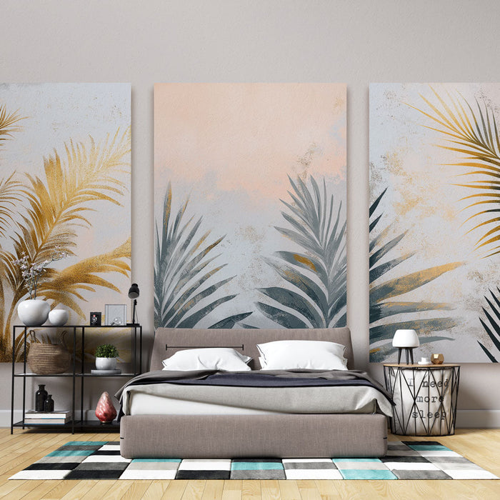 Tapeta z eleganckim liściem | Złote wzory palmowe i subtelne pastelowe gradienty