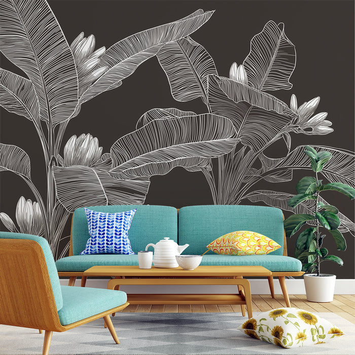 Tapete στιλάτα φύλλα | Ανθικά μοτίβα σε λευκό υπόσκιο σε σκούρο φόντο