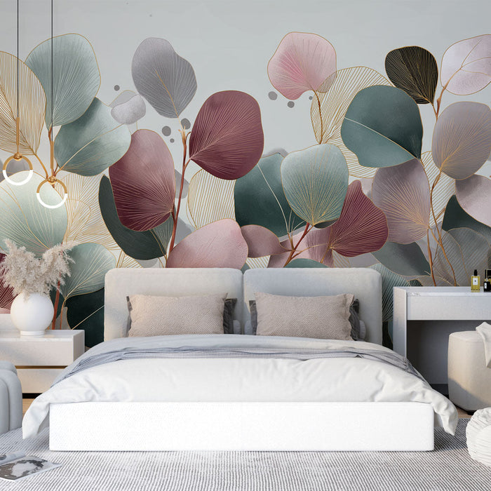 Fototapeta elegantno listje | Nežen vzorec pastelnega in zlatih listov na svetlem ozadju