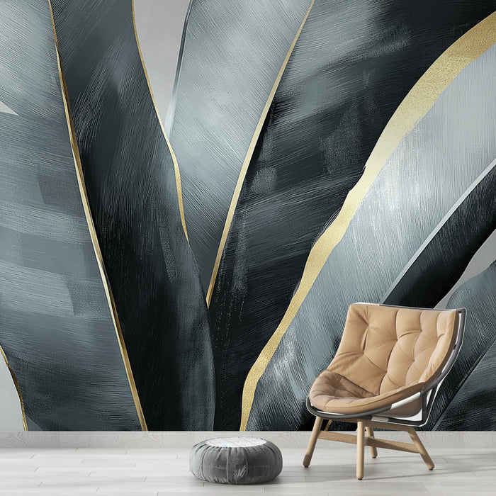 Елегантен фототапет с листа | Монохромни листа със златни акценти