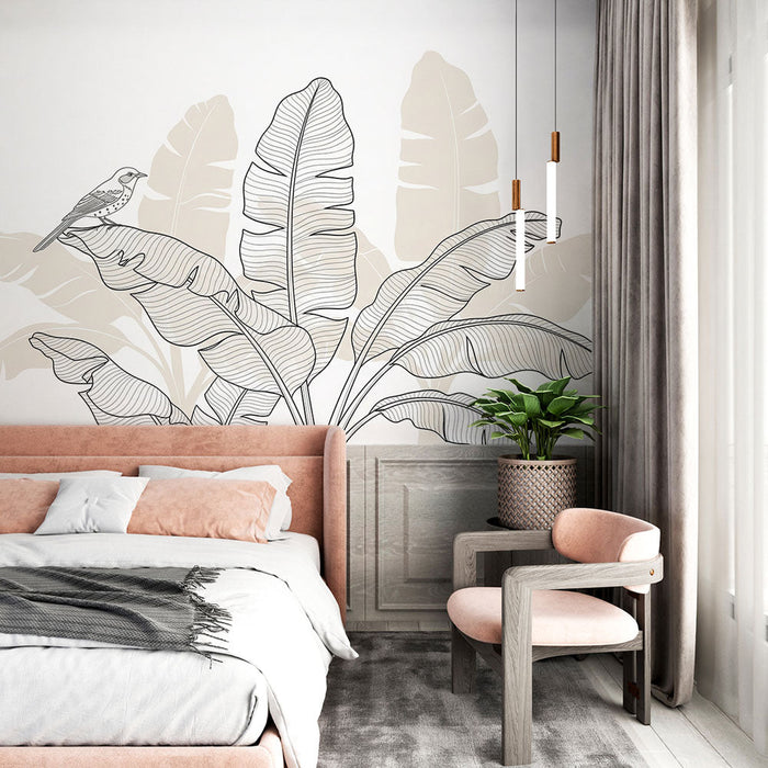 Mural Wallpaper foliage and bird | Stylized leaves and a delicate bird