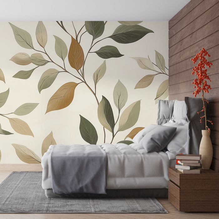 Fototapet foliage | Delikate blader i nøytrale toner på en lys bakgrunn