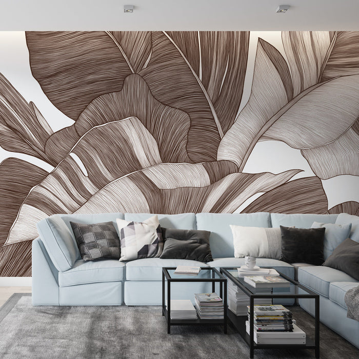 Tapeta liściowa | Stylizowane liście z eleganckimi brązowymi liniami