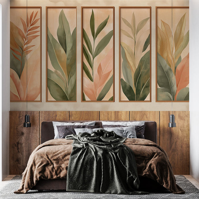 Tapete Laub | Stilisierte Blätter in weichen Rahmen