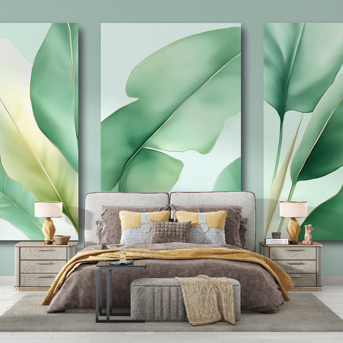 Papel pintado follaje | Hojas tropicales delicadas sobre un fondo claro