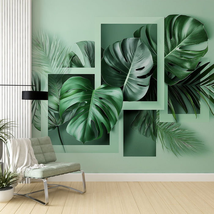 Fototapet løvverk | Innrammede tropiske blader på pastellbakgrunn