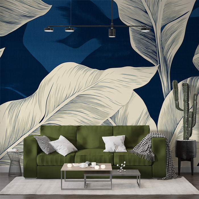 Fototapet løvverk | Store tropiske blader på blå bakgrunn